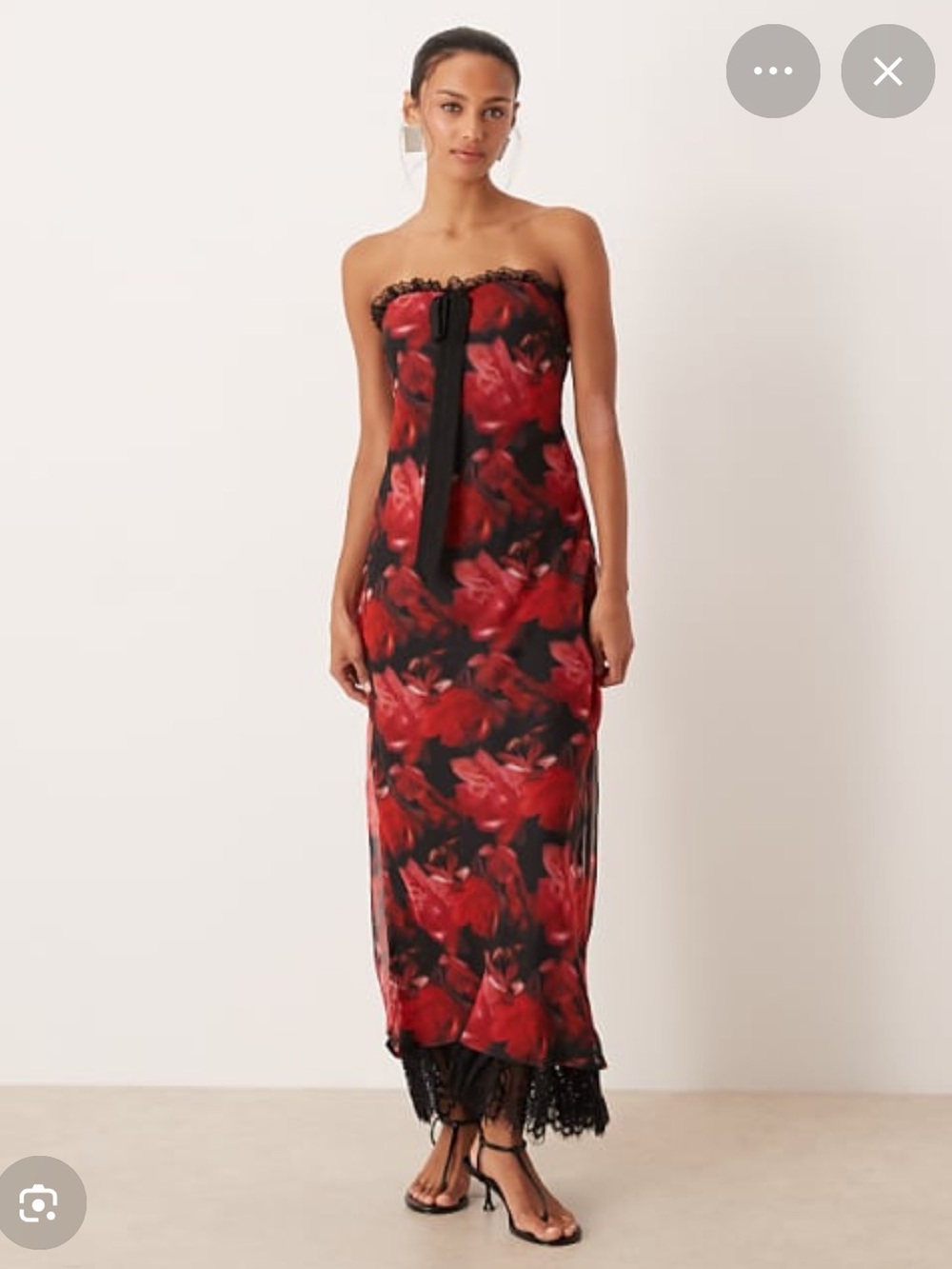 For Love and Lemons Red and Black Strapless Floral Maxi Dress with Lace Detail